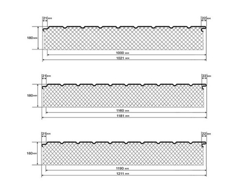 Двухслойная сэндвич-панель с минеральной ватой, ширина 1000 мм, толщина 180 мм, 0.5 Полиуретан матовый