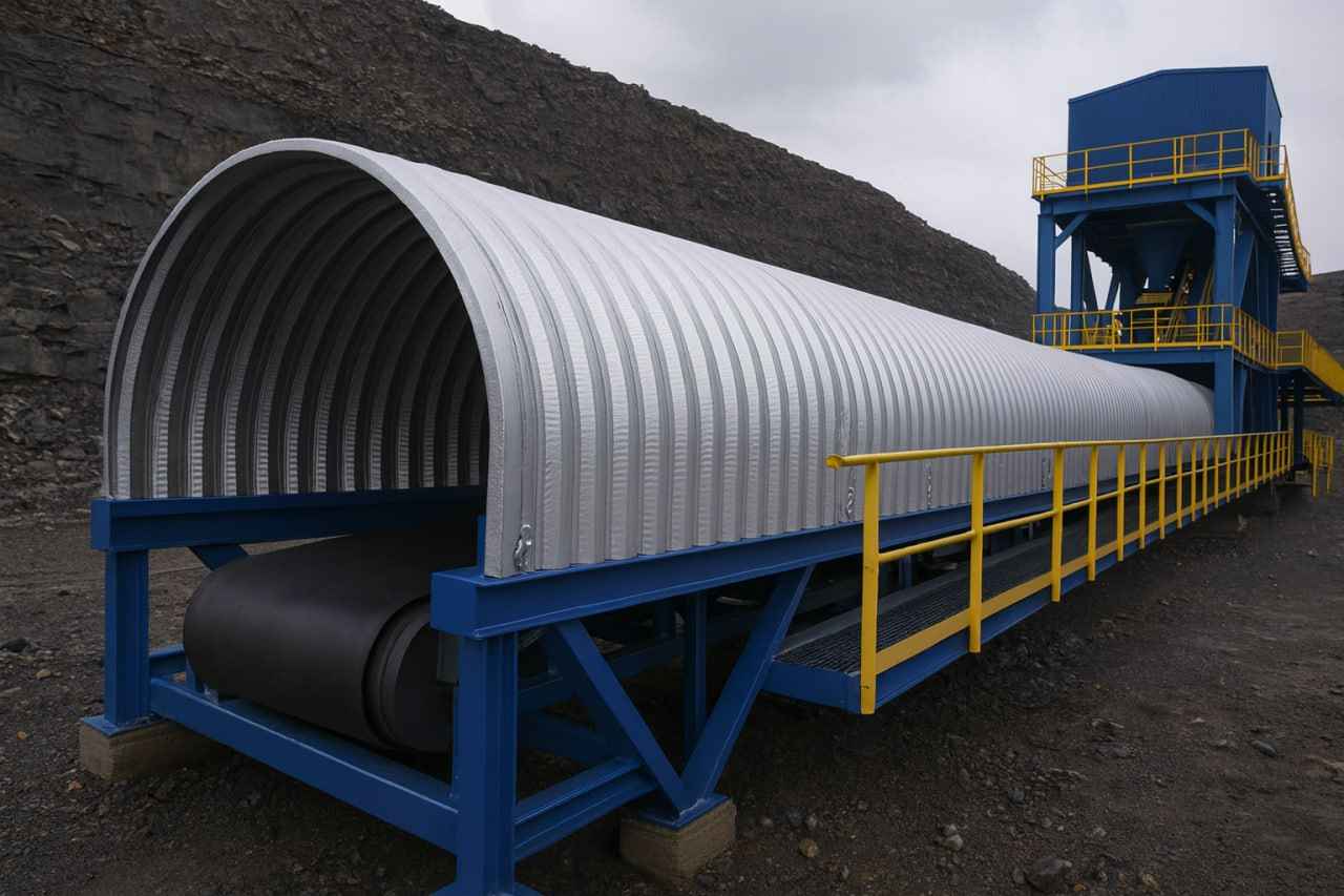 Укрытие конвейера из арочного профнастила С10ПГ на промышленном объекте