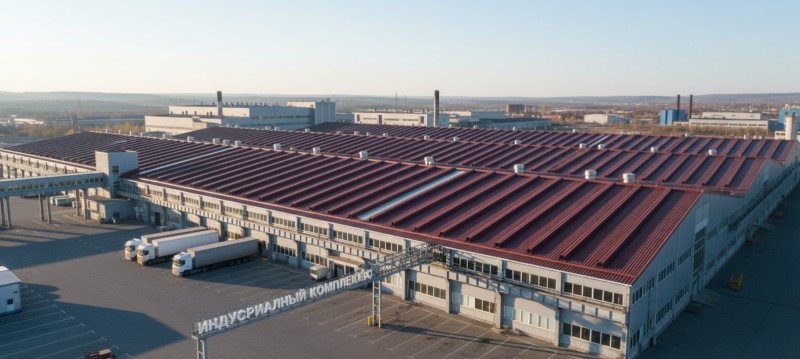 Современное промышленное здание с фасадами из профнастила