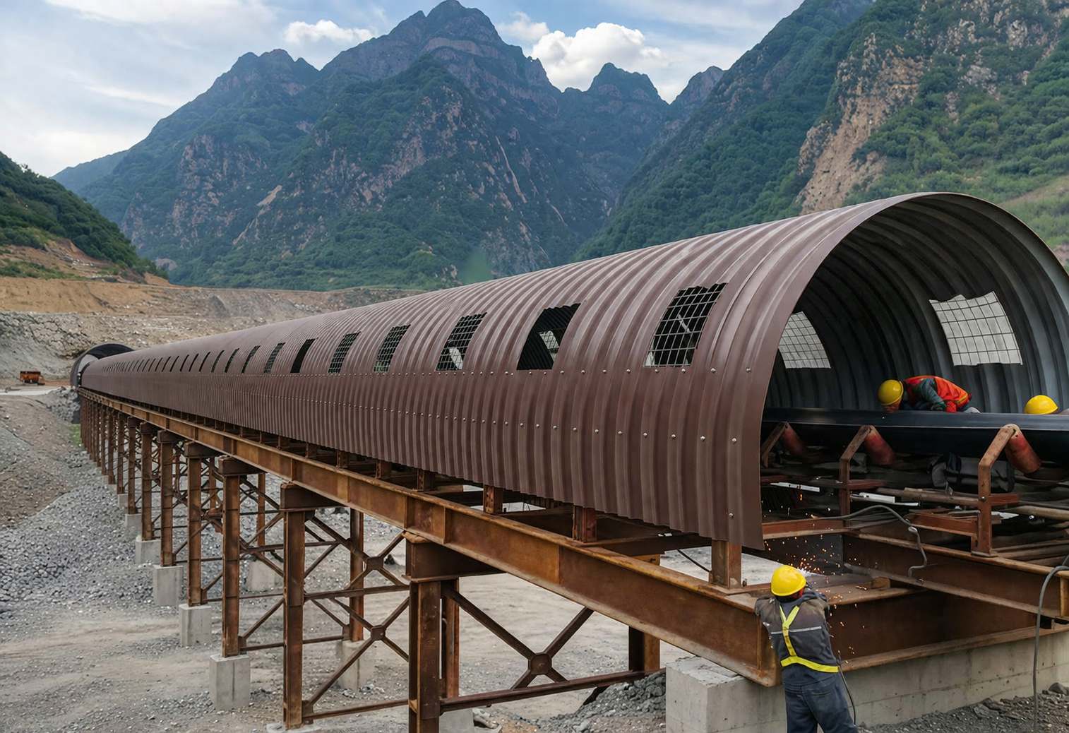 Укрытие конвейеров из арочного профнастила для производственных объектов